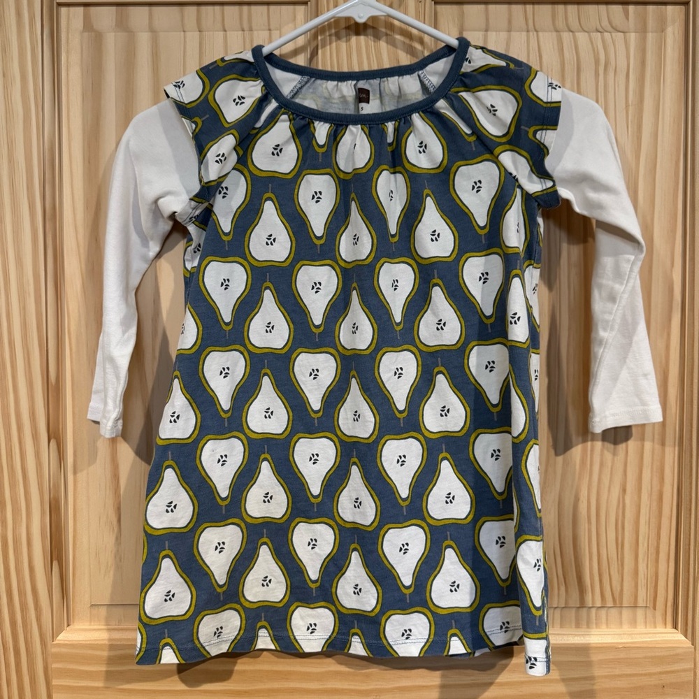 Tea Collection Girls Blue Pear Print‎ Layered Long Sleeve Cotton Dress Size 5